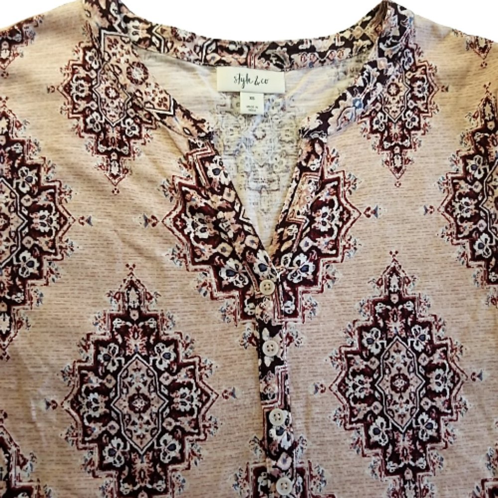Style & Co Women’s Boho Tunic Cream Tan XS Split Neck Mixed Print New - Picture 5 of 13